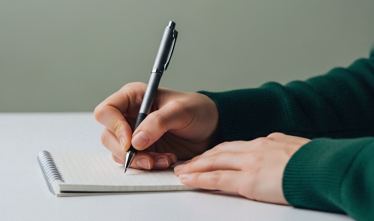 Hands writing on a notepad with a green background and grey table