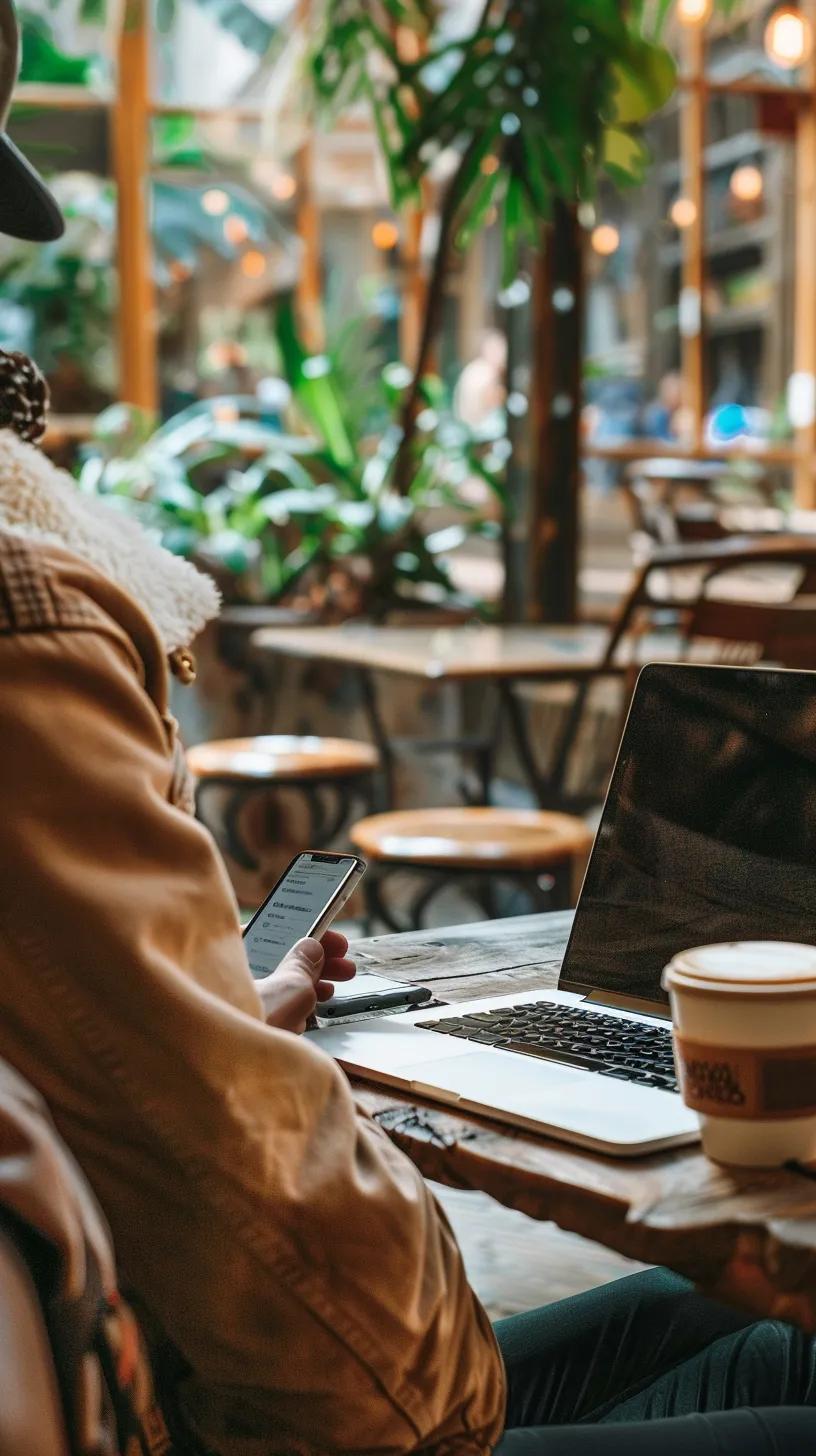 Professional traveler using laptop and smartphone in a café, highlighting global eSIM connectivity
