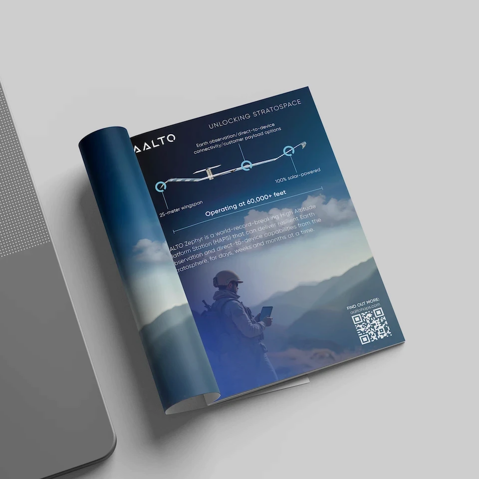 AALTO magazine spread showing stratosphere aircraft diagram with text 'Unlocking Stratospace' and silhouette of person with device against mountain landscape