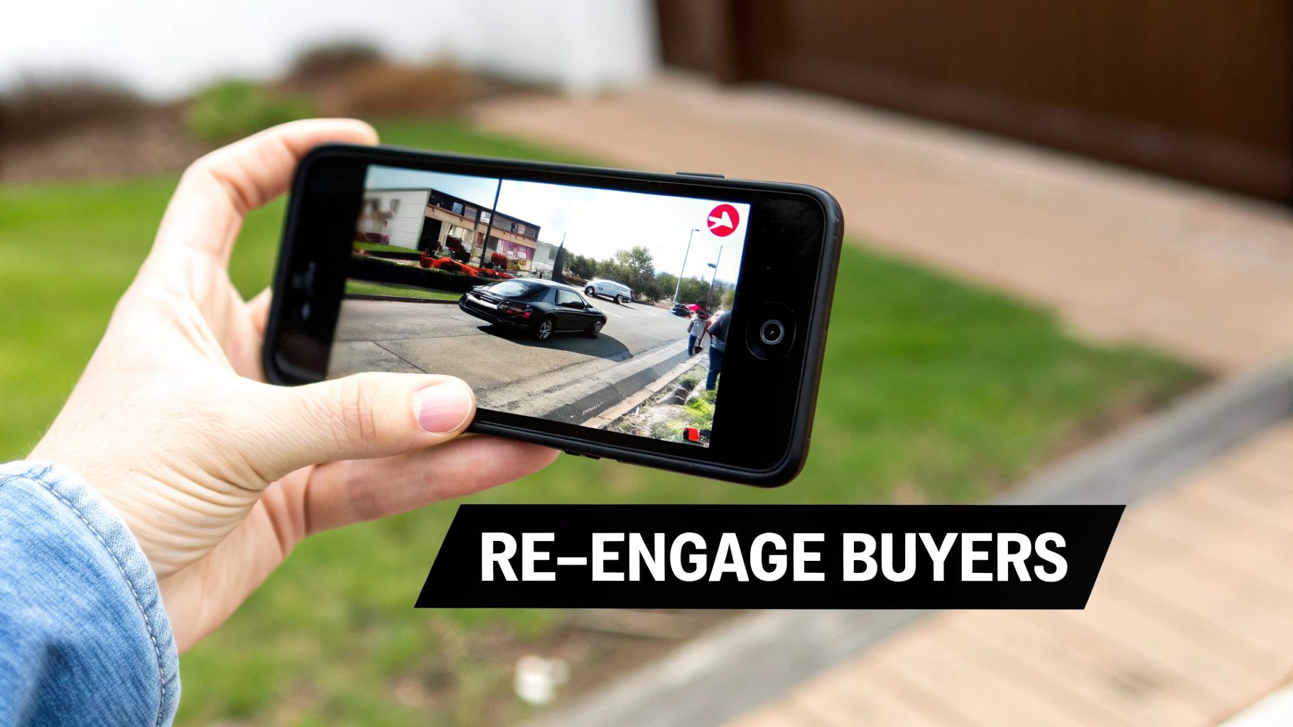 Hand holding a smartphone displaying a video of cars driving on a street, with a 'RE-ENGAGE BUYERS' banner.
