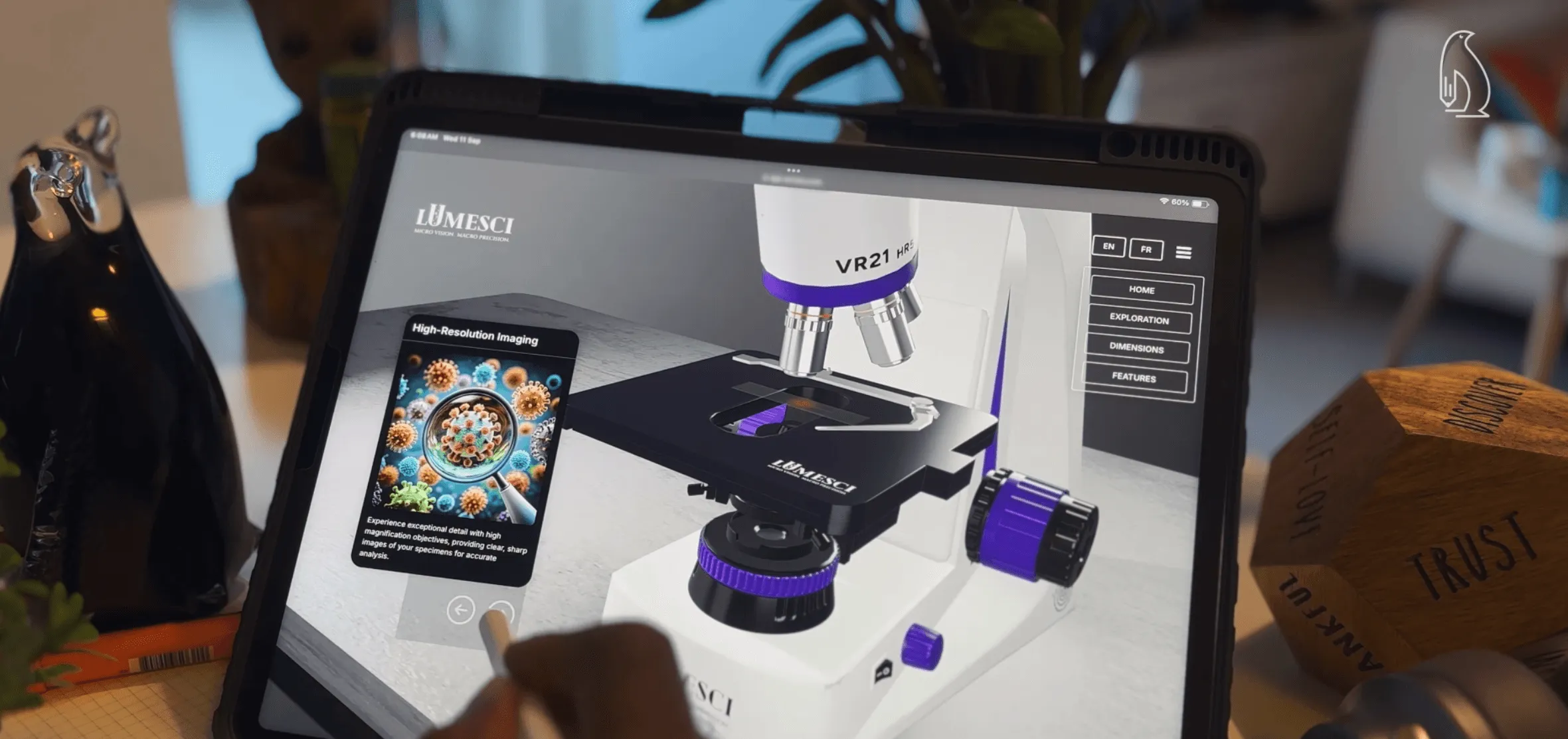 Microscope digital twin showing imaging feature card