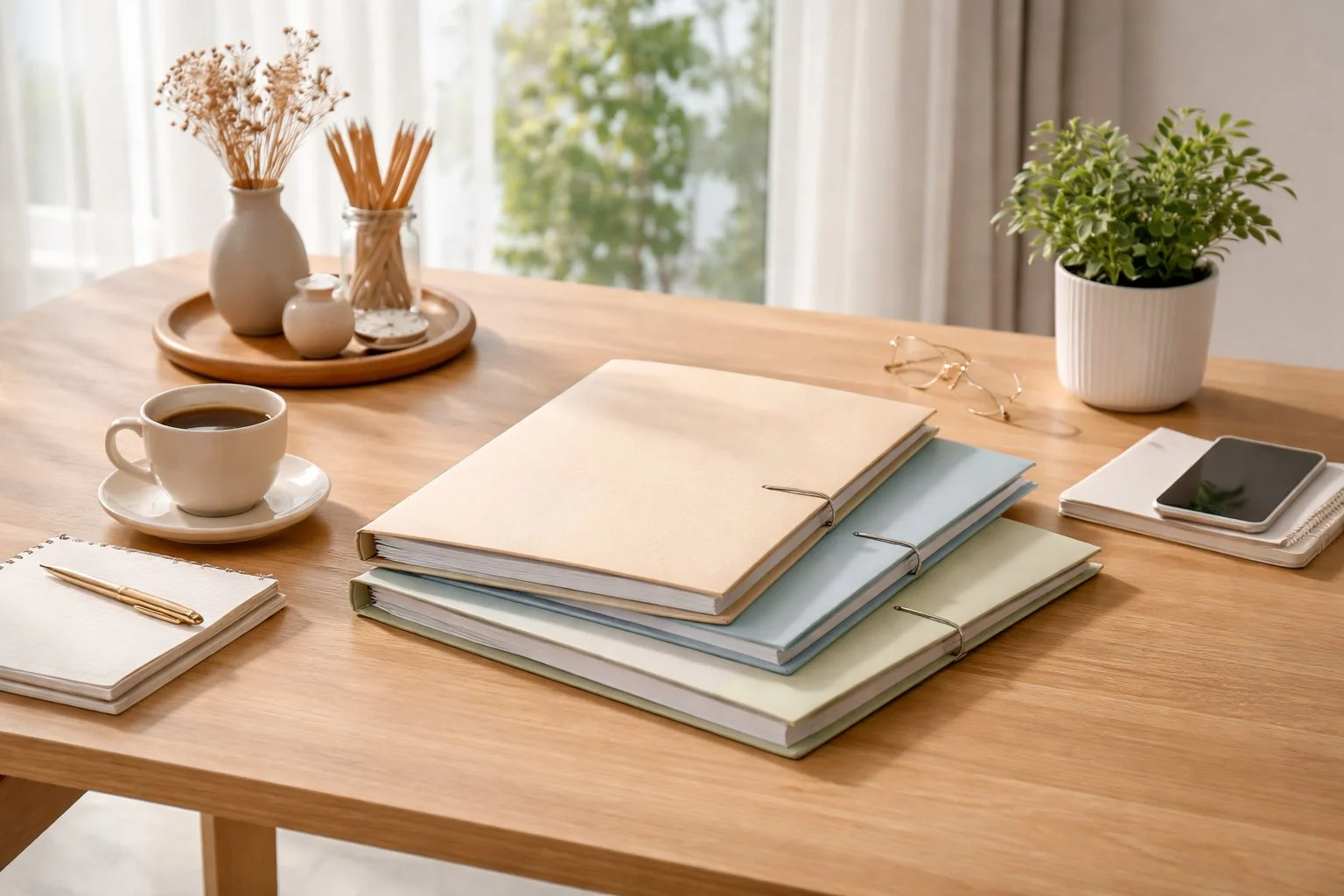 Calm, organized workspace with neatly closed folders, conveying a sense of completion and clarity.