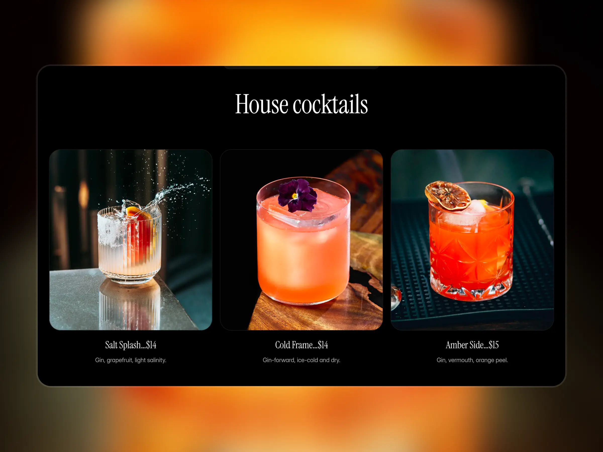 Bar website template menu section displaying house cocktails with drink images, names, prices, and descriptions in a structured dark layout.