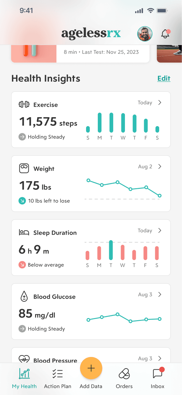Health insights logging activity levels like exercise, sleep, weight, and blood glucose.