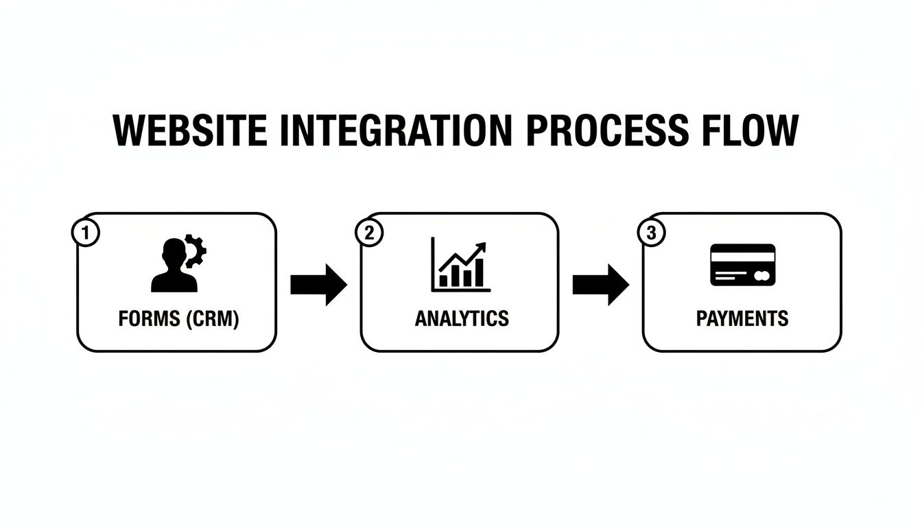 Website integration process flow diagram showing steps for forms (CRM), analytics, and payments.
