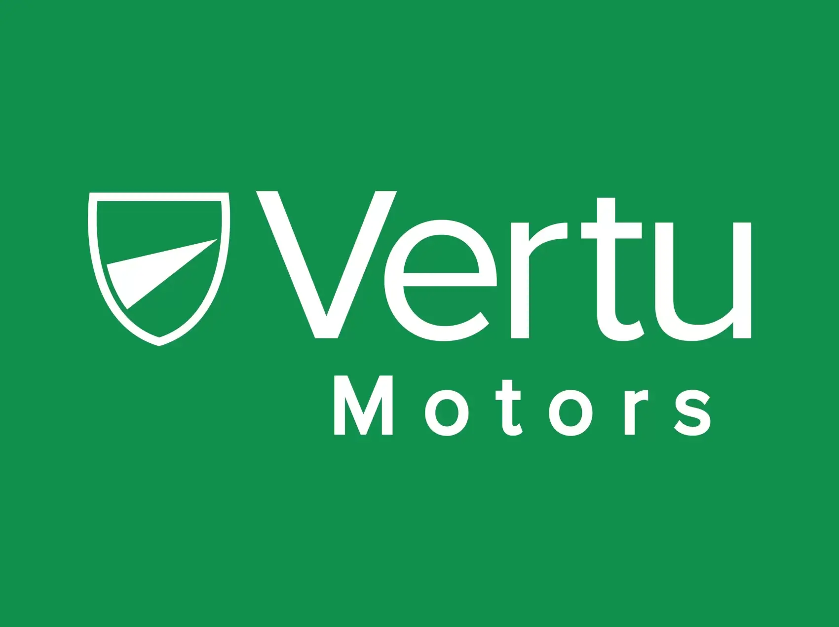 Image of white Vertu Motors logo on a green background.