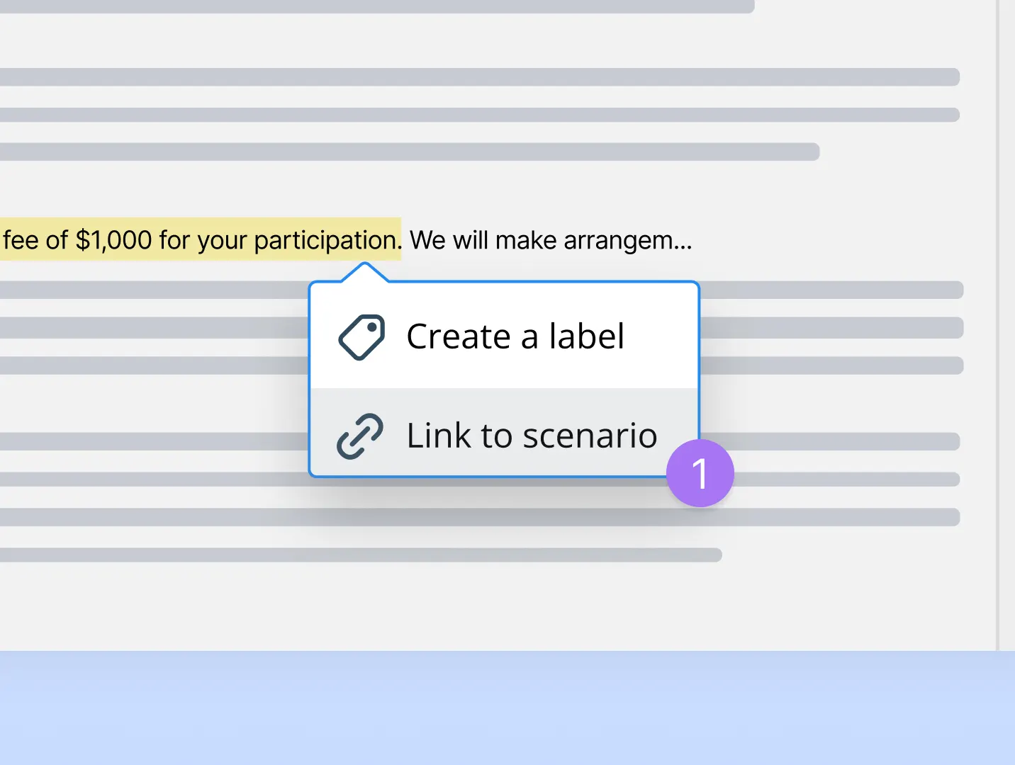 Inline context menu on highlighted email text with options to create a label or link the content to a compliance scenario.