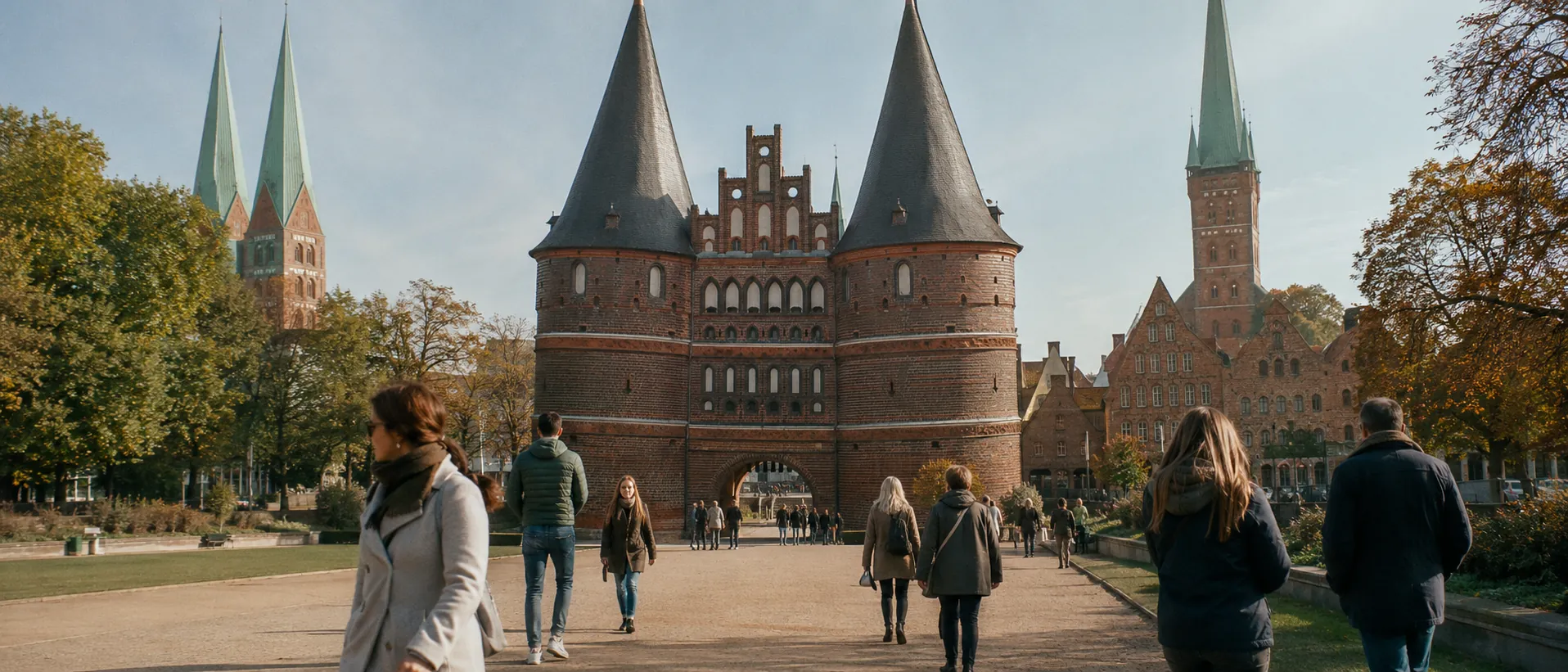 Lübecker Holstentor mit Backsteingotik und Passanten im hellen Morgenlicht
