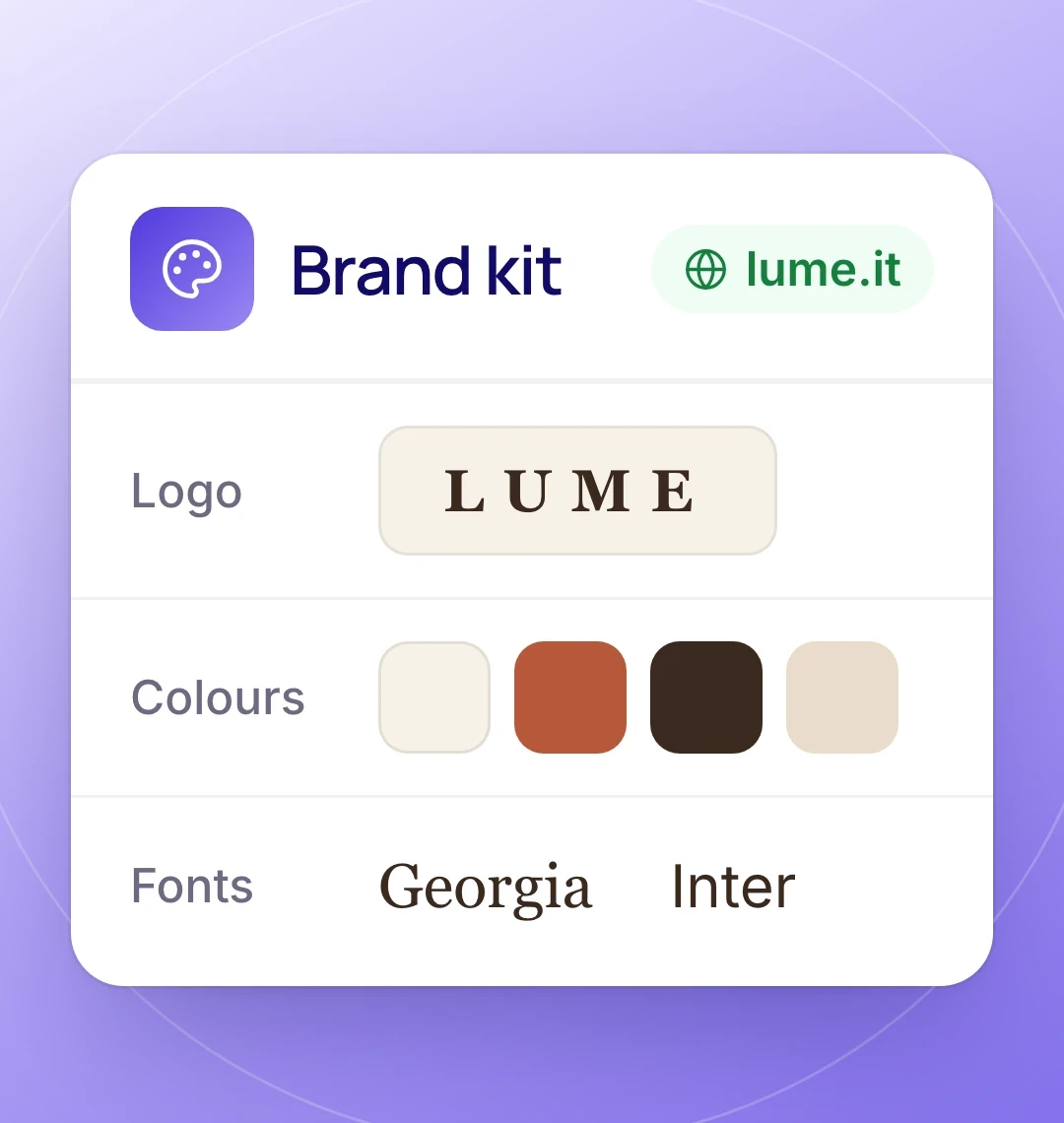 Brand kit pulled from lume.it: logo, colours and fonts