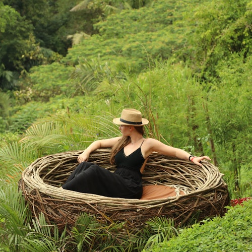 A woman in a black dress and straw hat sits in a large nest-shaped structure surrounded by lush greenery.
