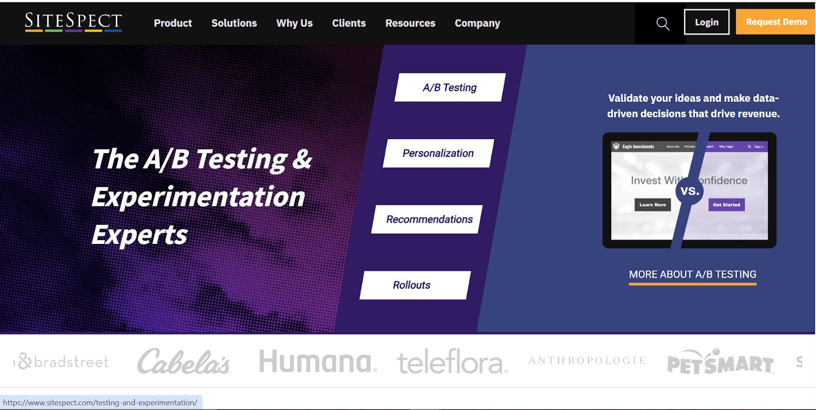 SiteSpect homepage showcasing A/B testing, personalization, recommendations, and rollout solutions.