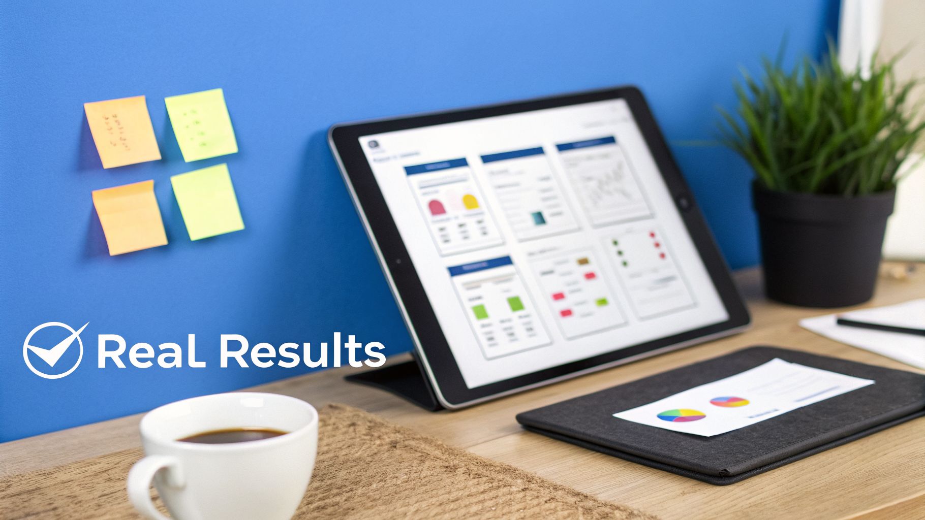 A tablet displaying a business analytics dashboard, with sticky notes and a coffee cup on a desk.