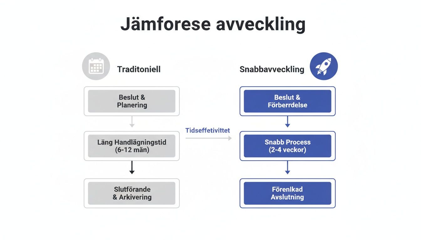 Flödesschema som jämför traditionell avveckling (6-12 månader) med snabbavveckling (2-4 veckor) och dess tidseffektivitet.