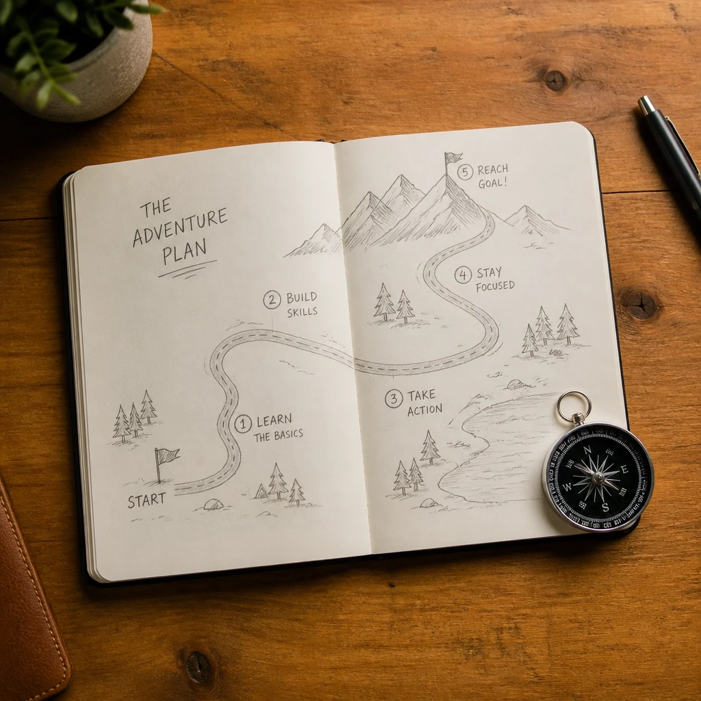 A clean desk with a compass and a notebook showing a simple roadmap sketch.