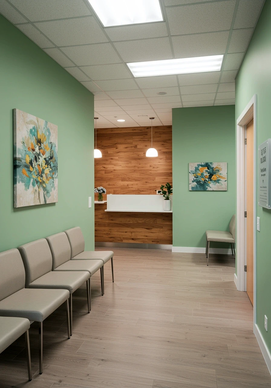 Calming medical office waiting room with sage green walls and contemporary furnishings