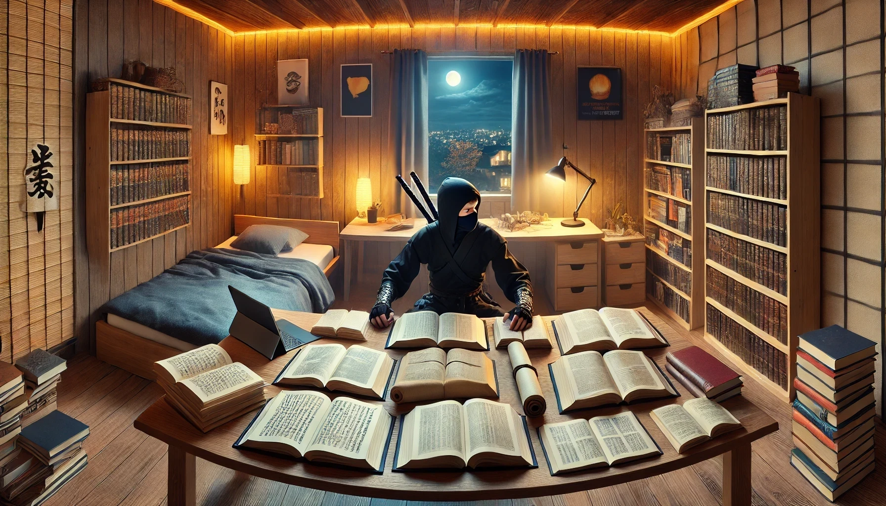 un ninja estudiando muy fuerte en su habitacion