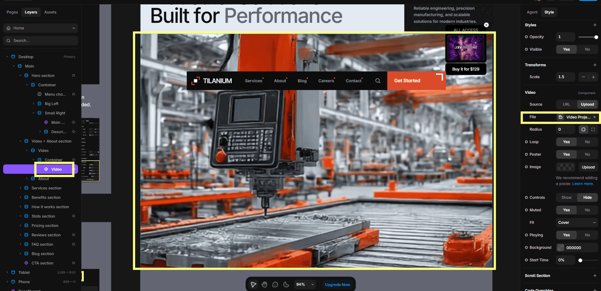 Replacing the hero video in the Tilanium Framer template