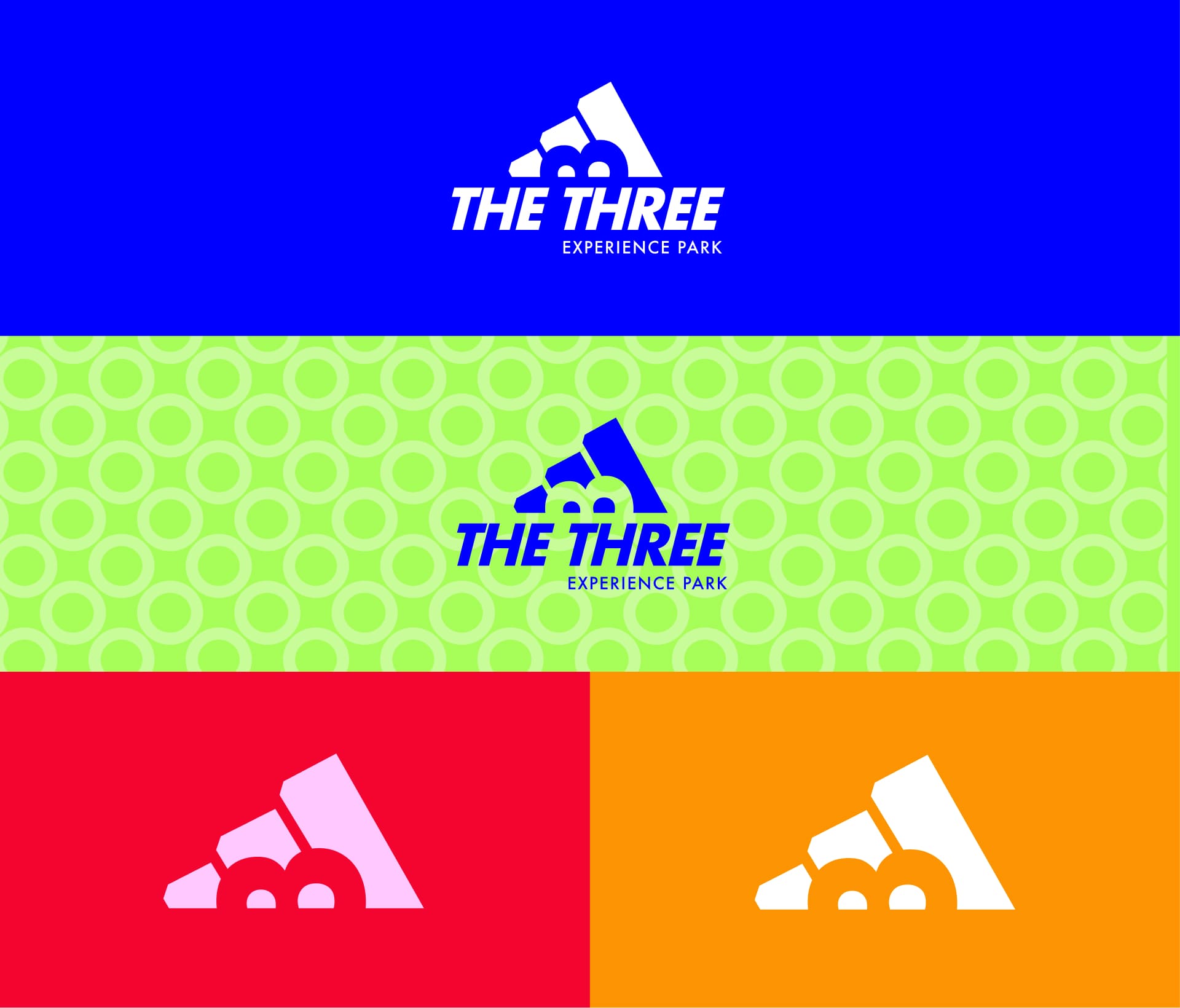 Présentation de la déclinaison chromatique et graphique du logo conceptuel 'THE THREE EXPERIENCE PARK' (rebranding Adidas en parc d'attraction). Le logo, qui reprend la forme des trois bandes Adidas fusionnées avec une structure de montagne ou de pic, est affiché sur quatre fonds différents : bleu vif, vert citron avec motif de cercles, rouge, et orange. Cette image met en évidence la flexibilité de la direction artistique de Nux-Studio et la maîtrise de la charte graphique pour le **site web** et l'**identité digitale**, montrant comment le **branding** s'adapte aux différents supports et palettes de couleurs (identité visuelle, graphisme, modularité du logo).