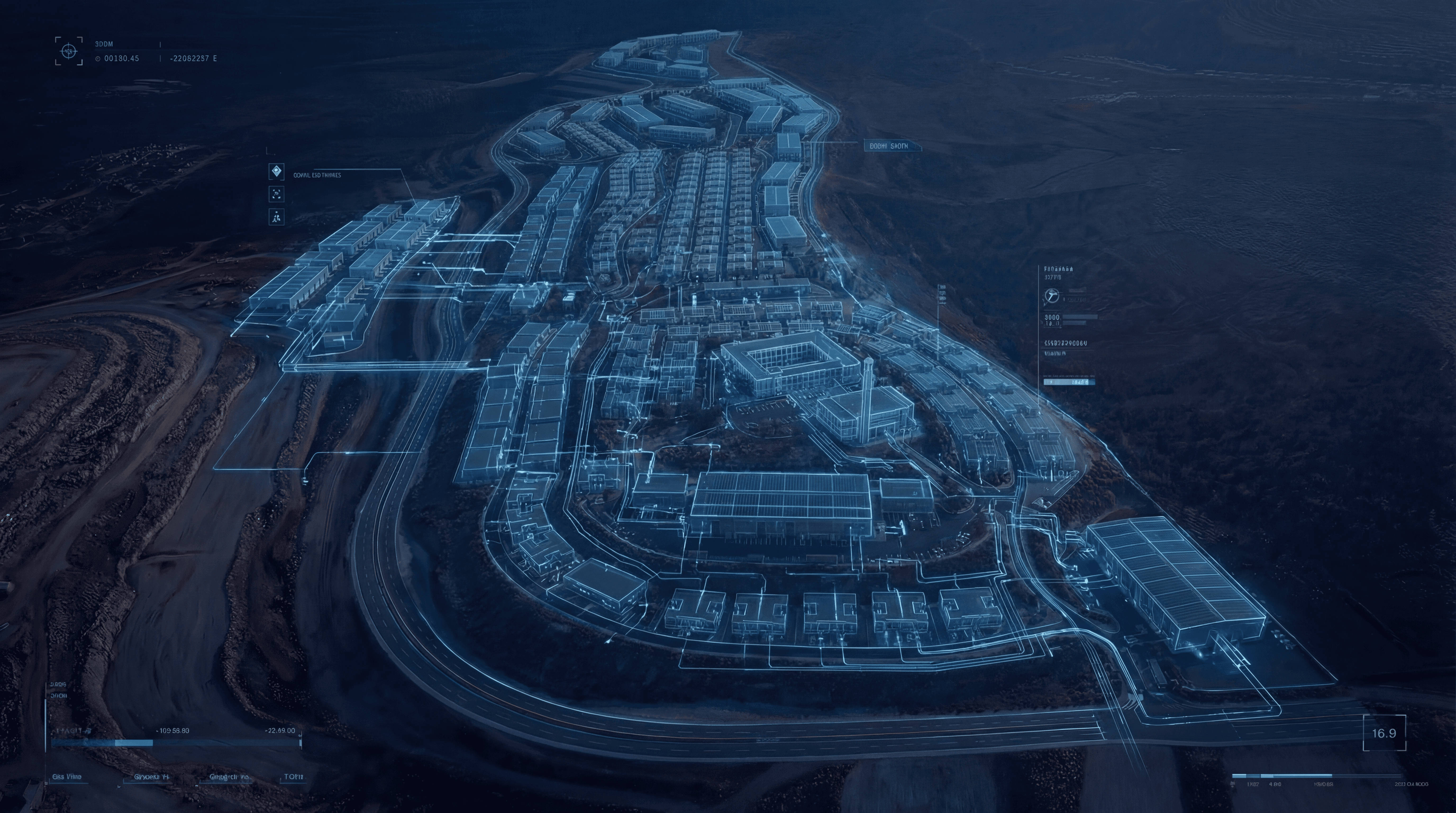 Drone shot of a running track at night