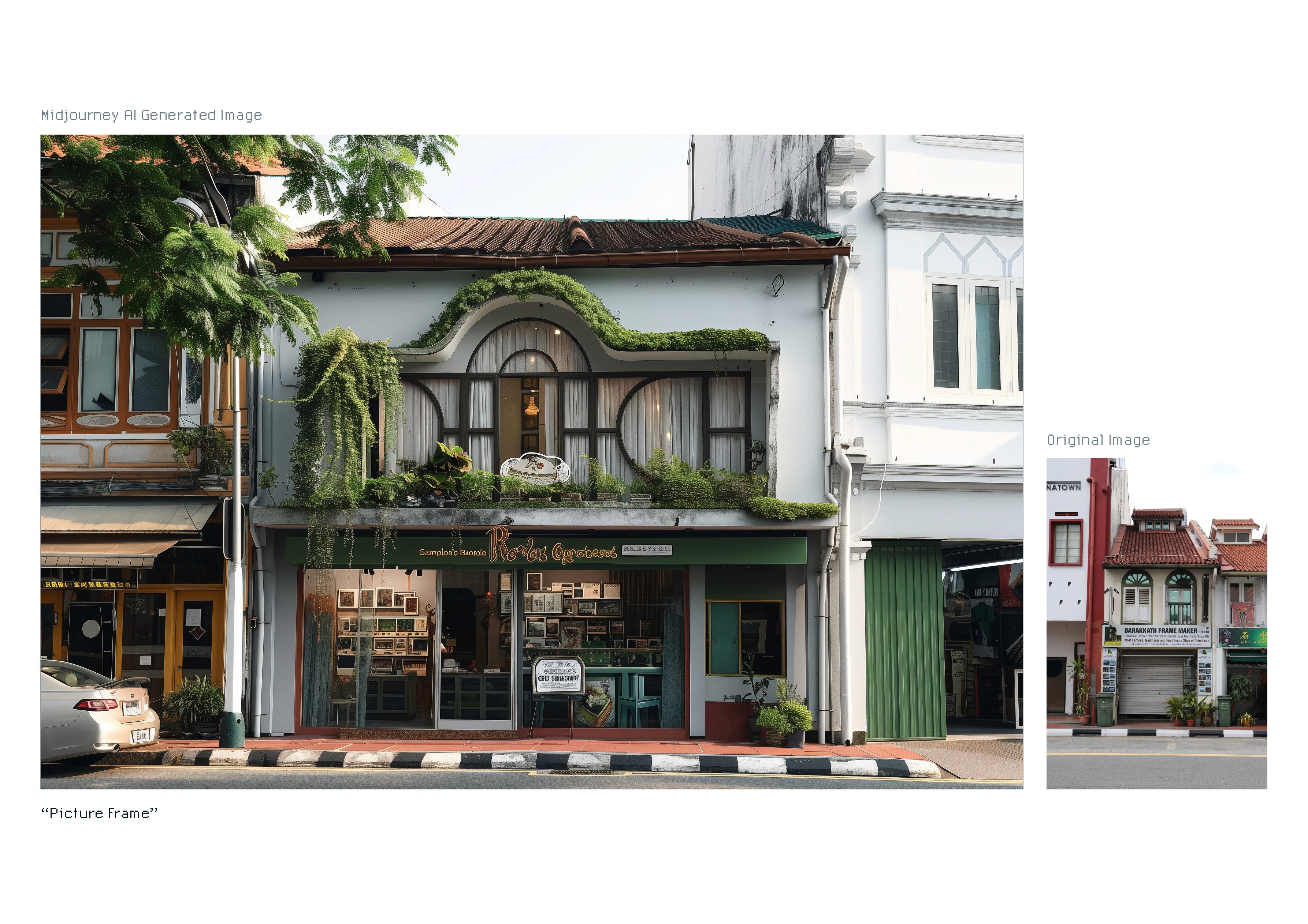 A green building with a art store on the ground floor