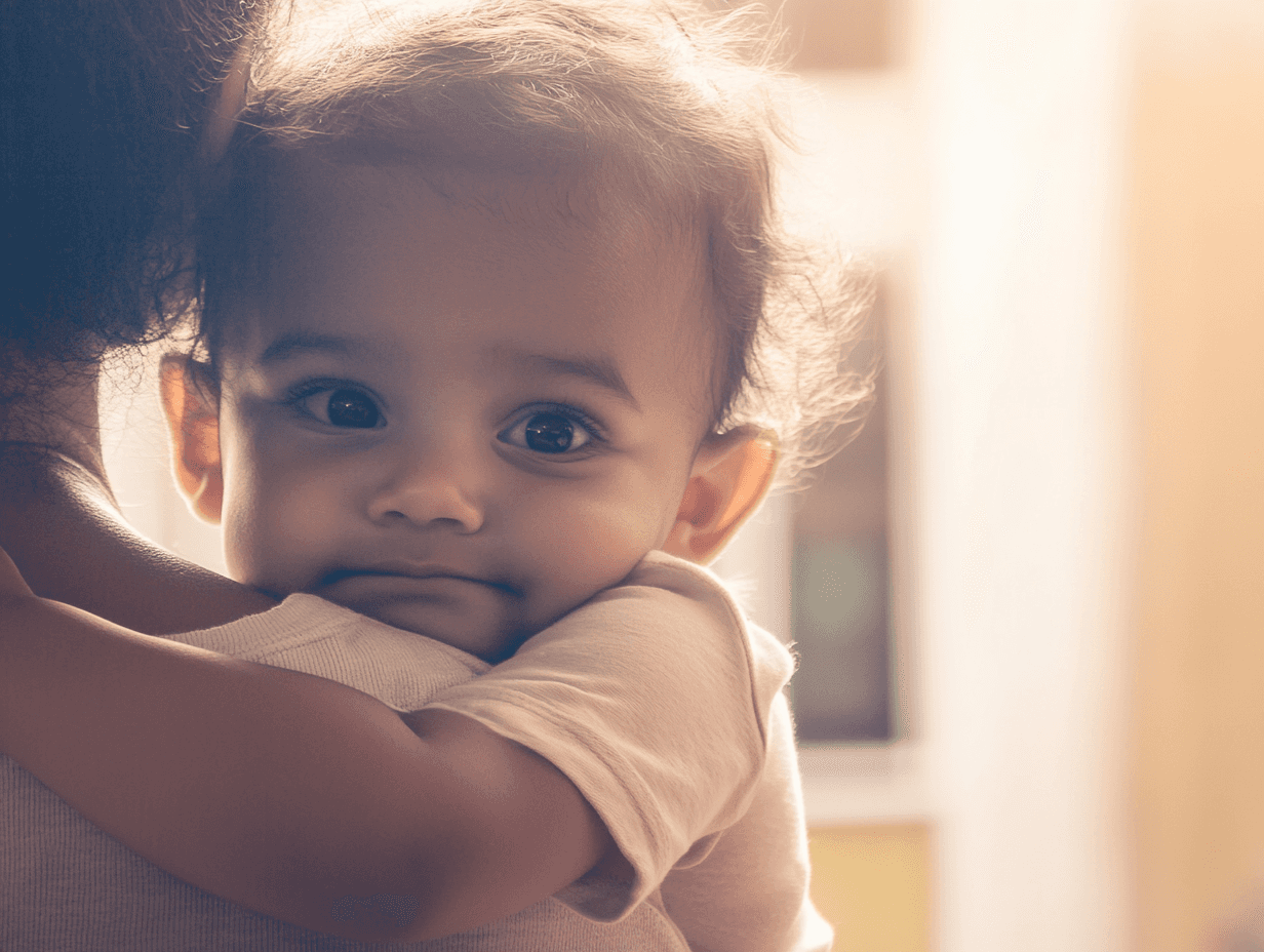 baby hugging mom