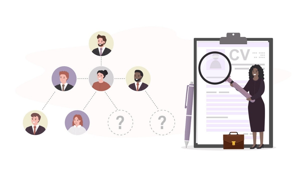Illustration of a recruiter reviewing a candidate’s CV with a magnifying glass, alongside a network of profile icons