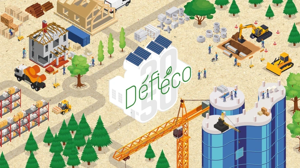 Illustration de l'univers graphique du jeu de plateau Défie Éco par Constructys, une expertise en gamification et ingénierie pédagogique pour sensibiliser les professionnels du bâtiment à la transition écologique 2050.