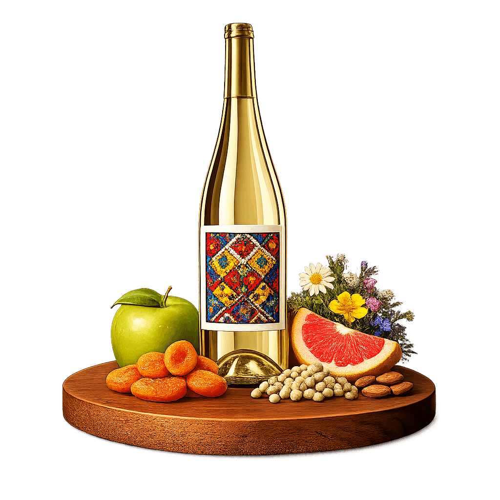 Artistic label and flavor profile for Romanian Feteasca Regala on a rustic wooden table.