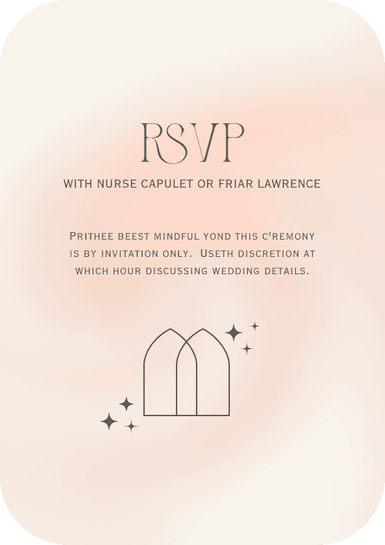 The back of a pink and white wedding invitation for the characters Romeo and Juliet from Shakespeare's play of the same name.