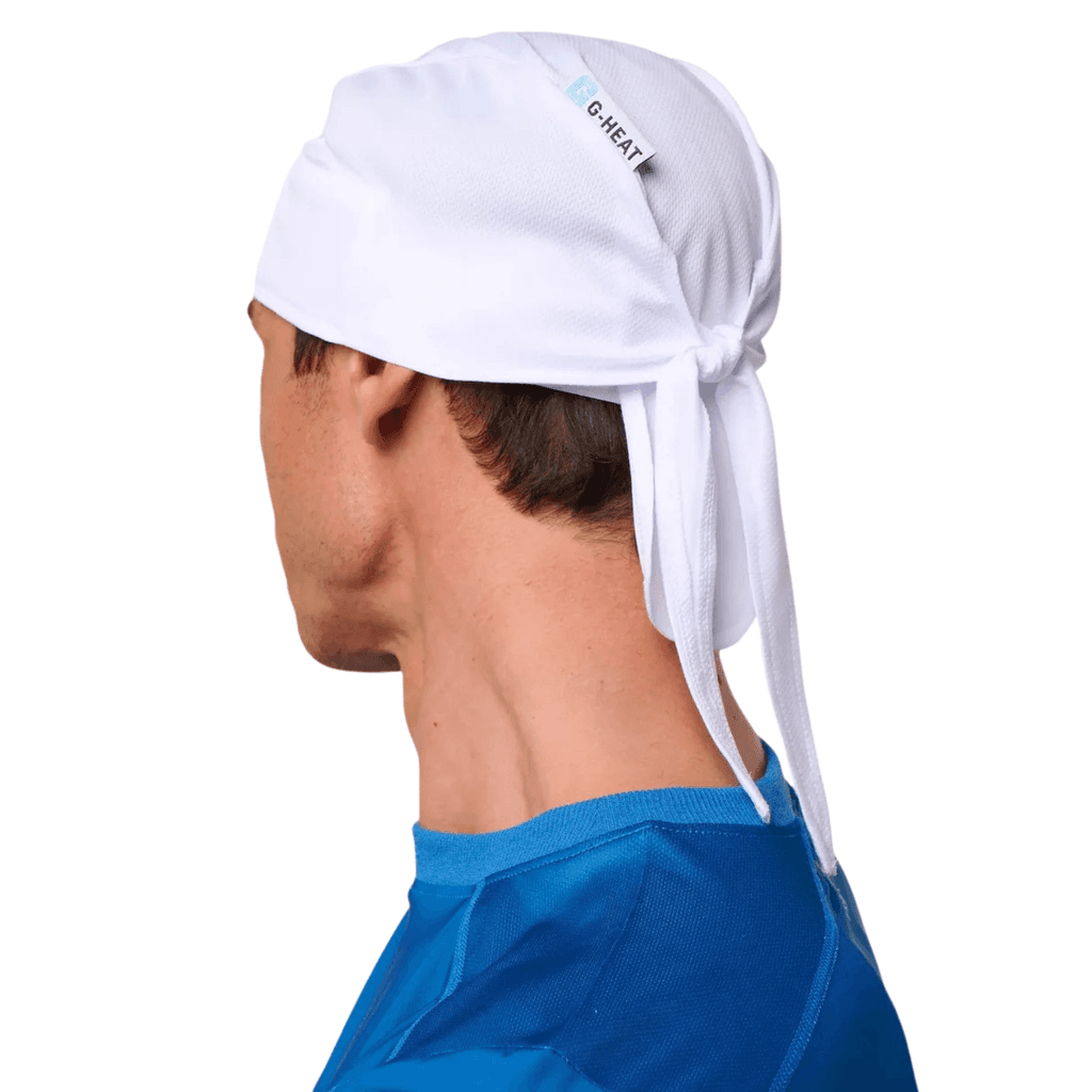 White G-Heat cooling cap worn from the back, with ties tied at the back of the head