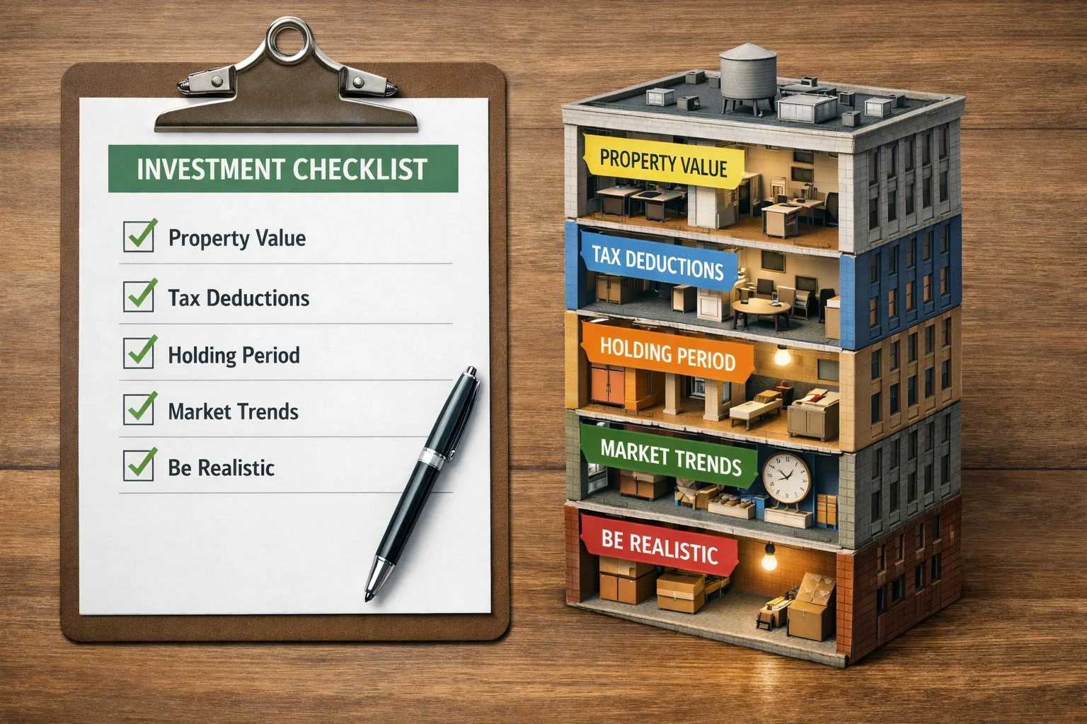 Clipboard with a checklist next to a segmented building model illustrating property value, tax deductions, and holding period as decision factors.