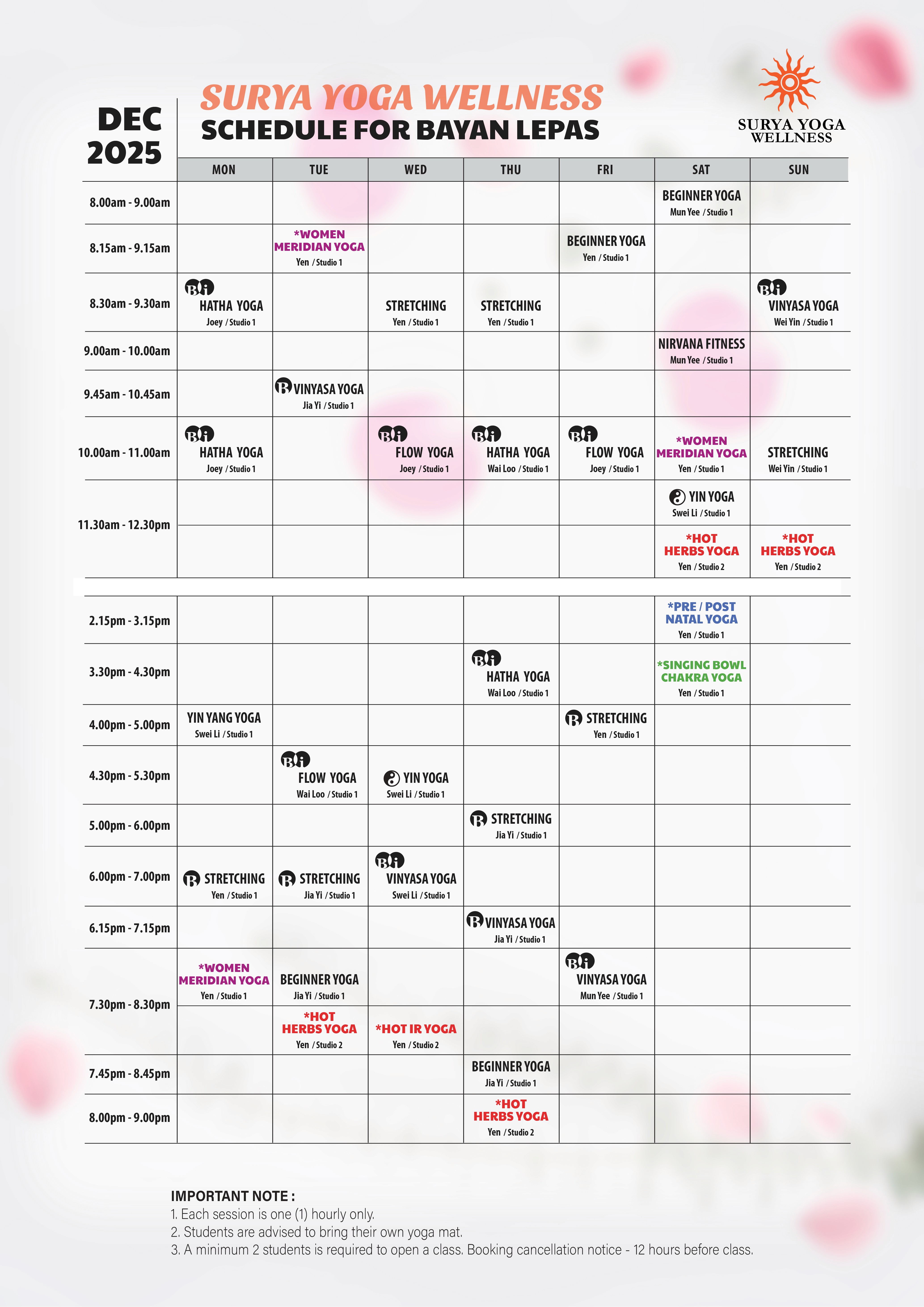 Studio Surya Yoga Wellness Bayan Lepas Schedule