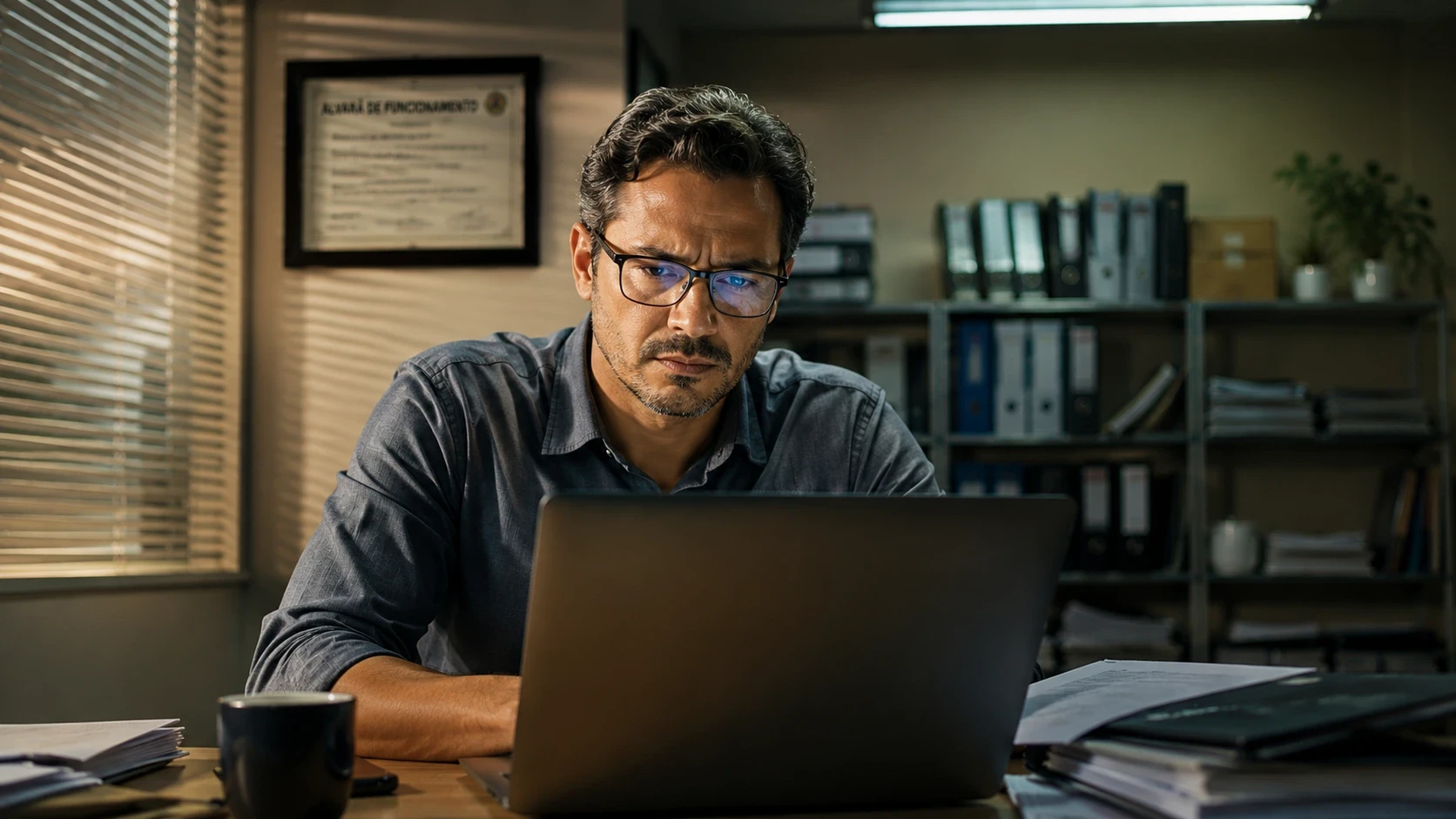 Empresário preocupado diante do laptop em escritório com alvará de funcionamento ao fundo, representando negócio local invisível no Google