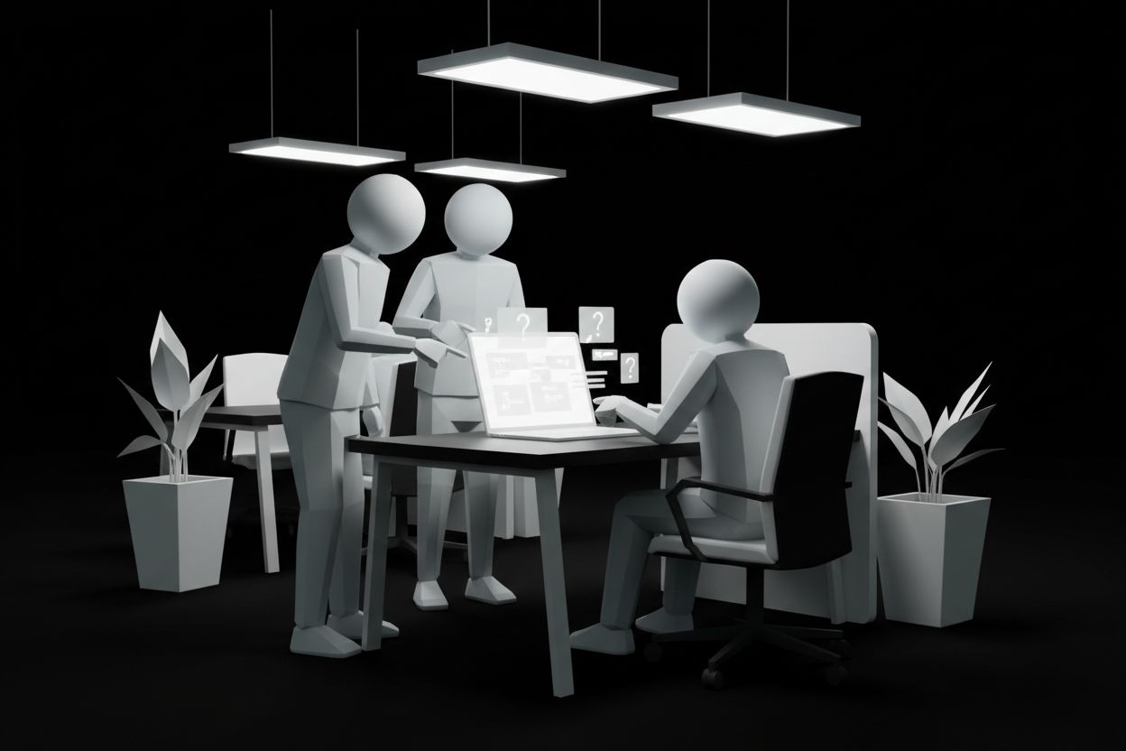 A sales team reviewing customer inquiries on a laptop in a modern office