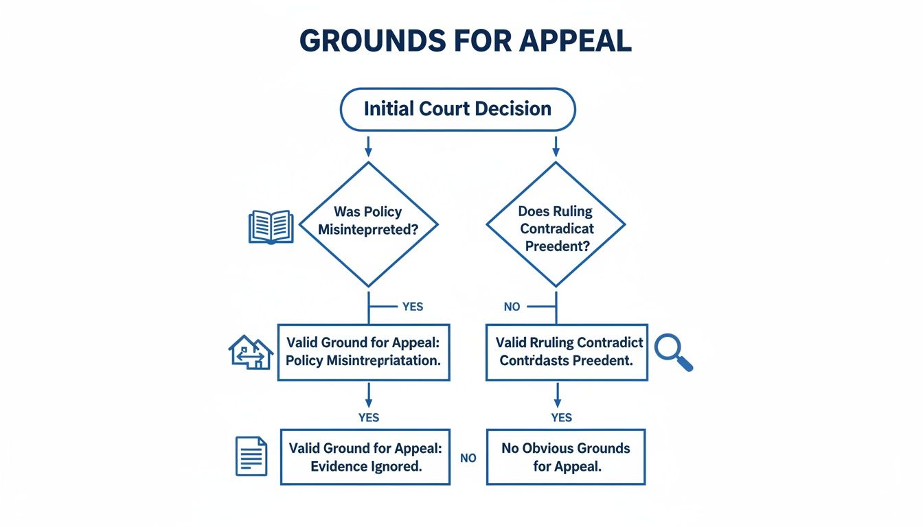 A flowchart detailing the grounds for appealing an initial court decision, based on policy interpretation and precedent.