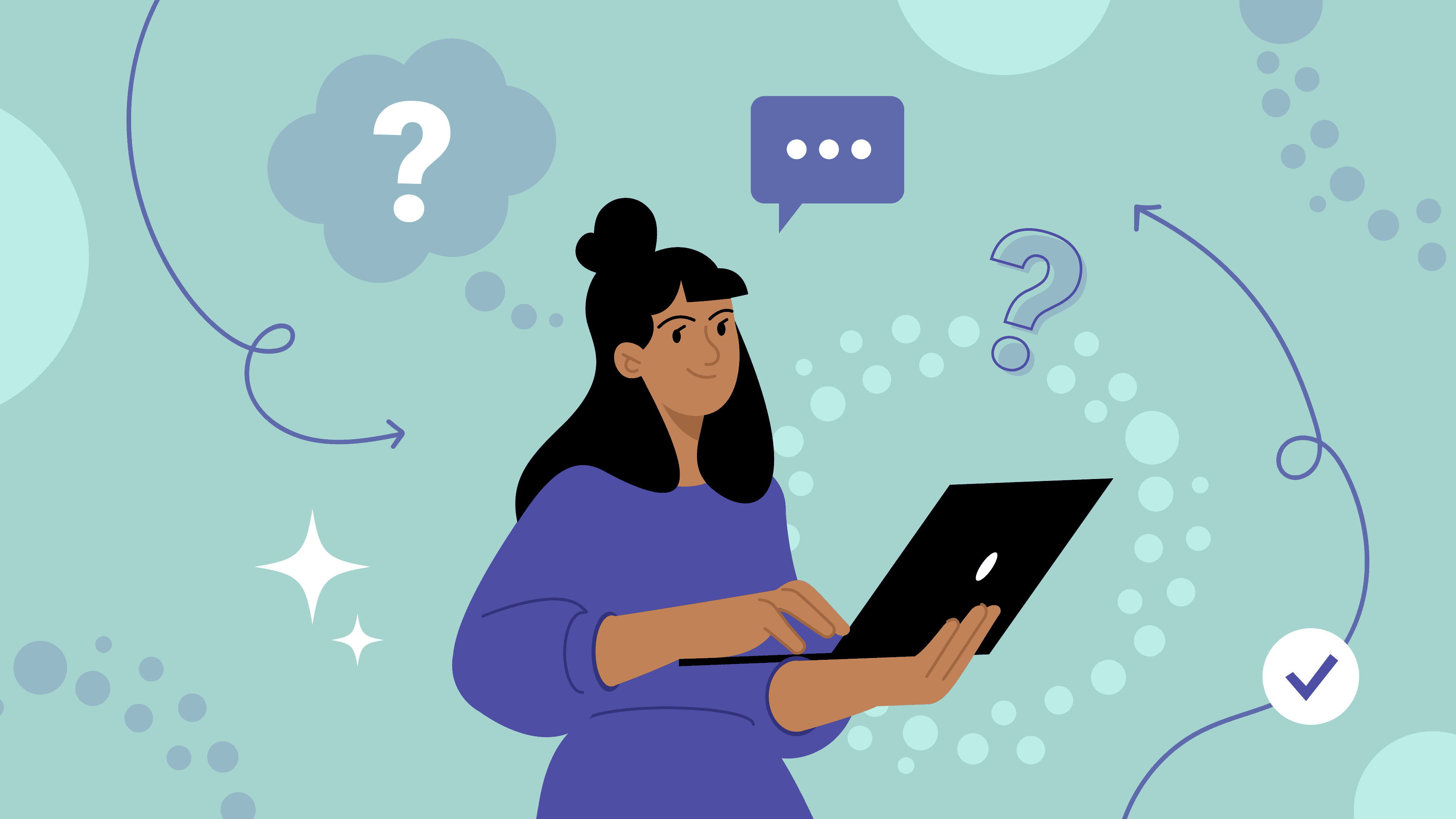 A girl with dark hair and a purple shirt holding a laptop with though bubbles around her, all on a light blue green background