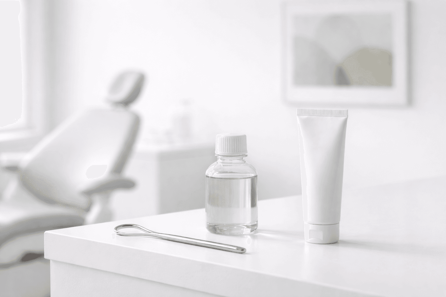 Minimalist bottle of therapeutic oral rinse, representing preventive home hygiene guidance at Dr. Leyla Gabdrakipova's dental practice in Venice, CA