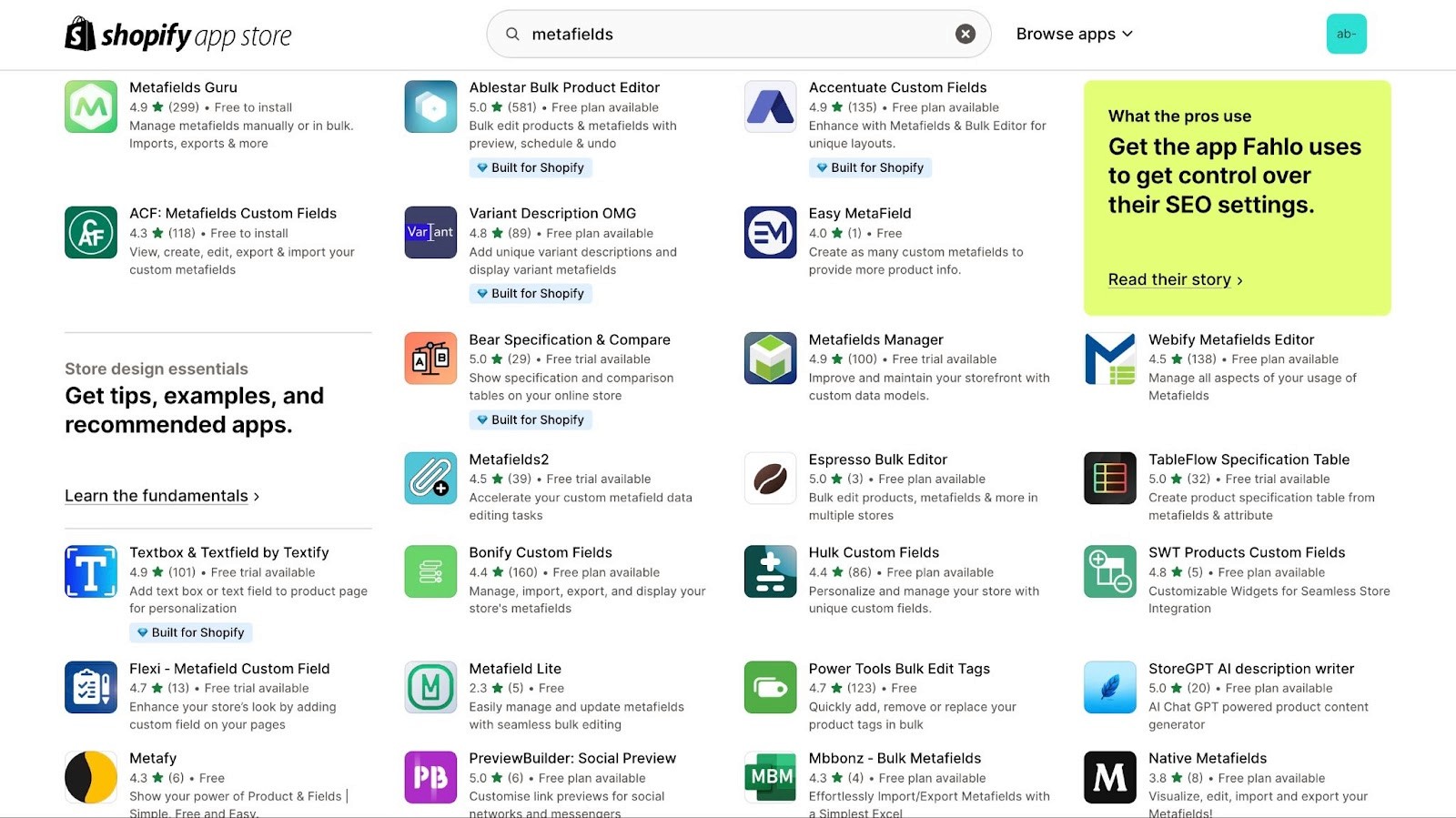 Shopify app store search for metafield apps