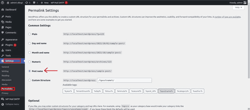 an image showing the wordpress interface with the settings and permalinks buttons highlighted in red