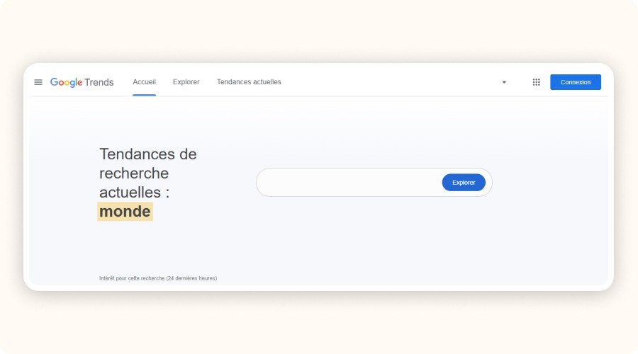 Page d'accueil de Google Trends affichant les tendances de recherche actuelles à l'échelle mondiale.