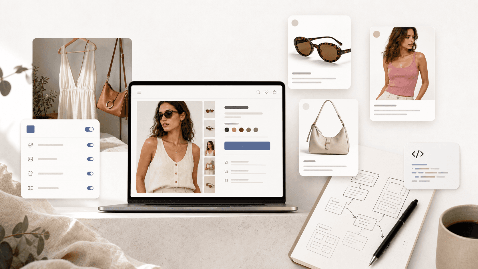 Editorial ecommerce collage showing a Shopify product page, product cards, app settings, and custom integration planning