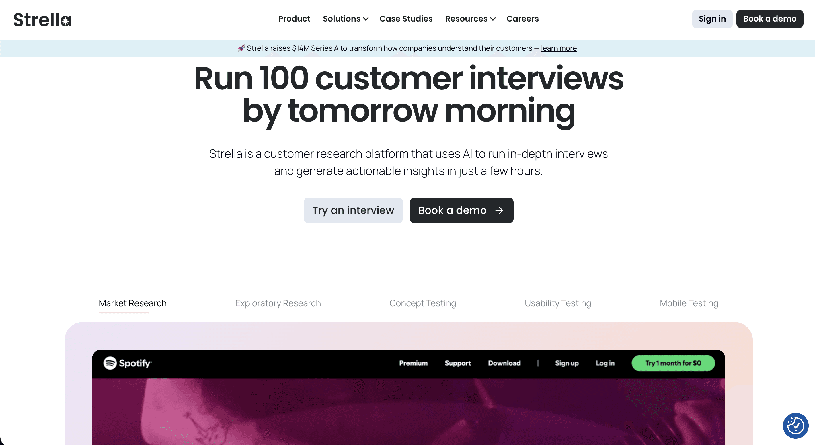 Strella AI Moderator for User Interviews and Qualitative Research Dashboard