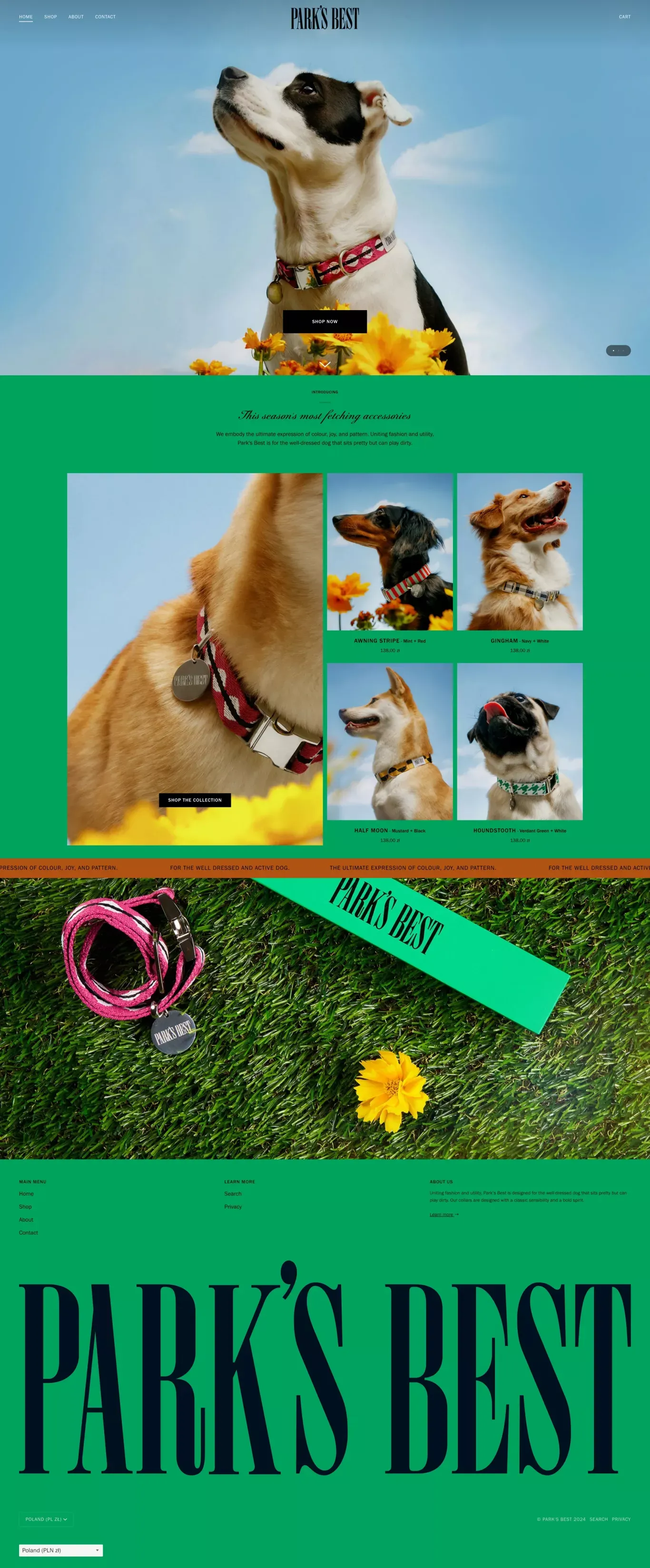 Park's Best landing page screenshot showcasing Animals and Ecommerce design
