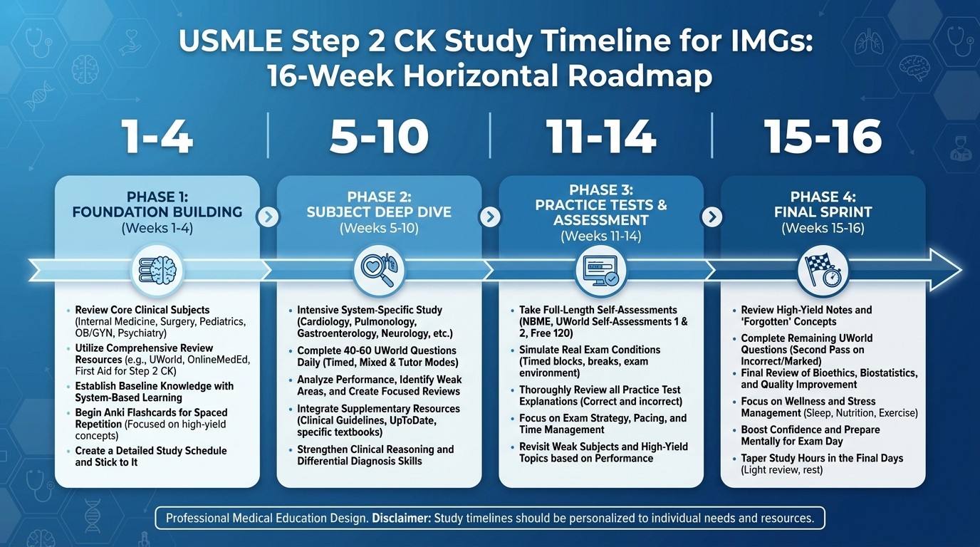 USMLE Step 2 CK 16-week study timeline phases for international medical graduates