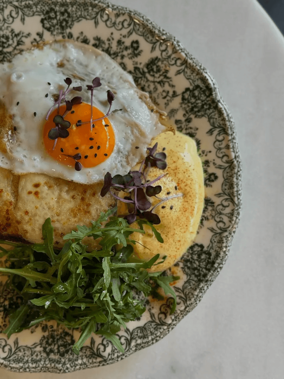 - Two artfully plated brunch dishes on speckled ceramic plates featuring eggs, greens, and colorful garnishes on a dark table
