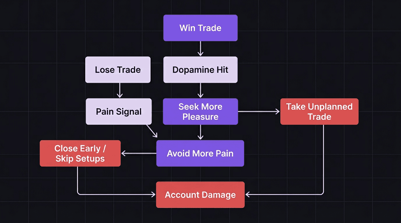 Flowchart showing the pleasure seeking and pain avoidance cycle in trading decisions