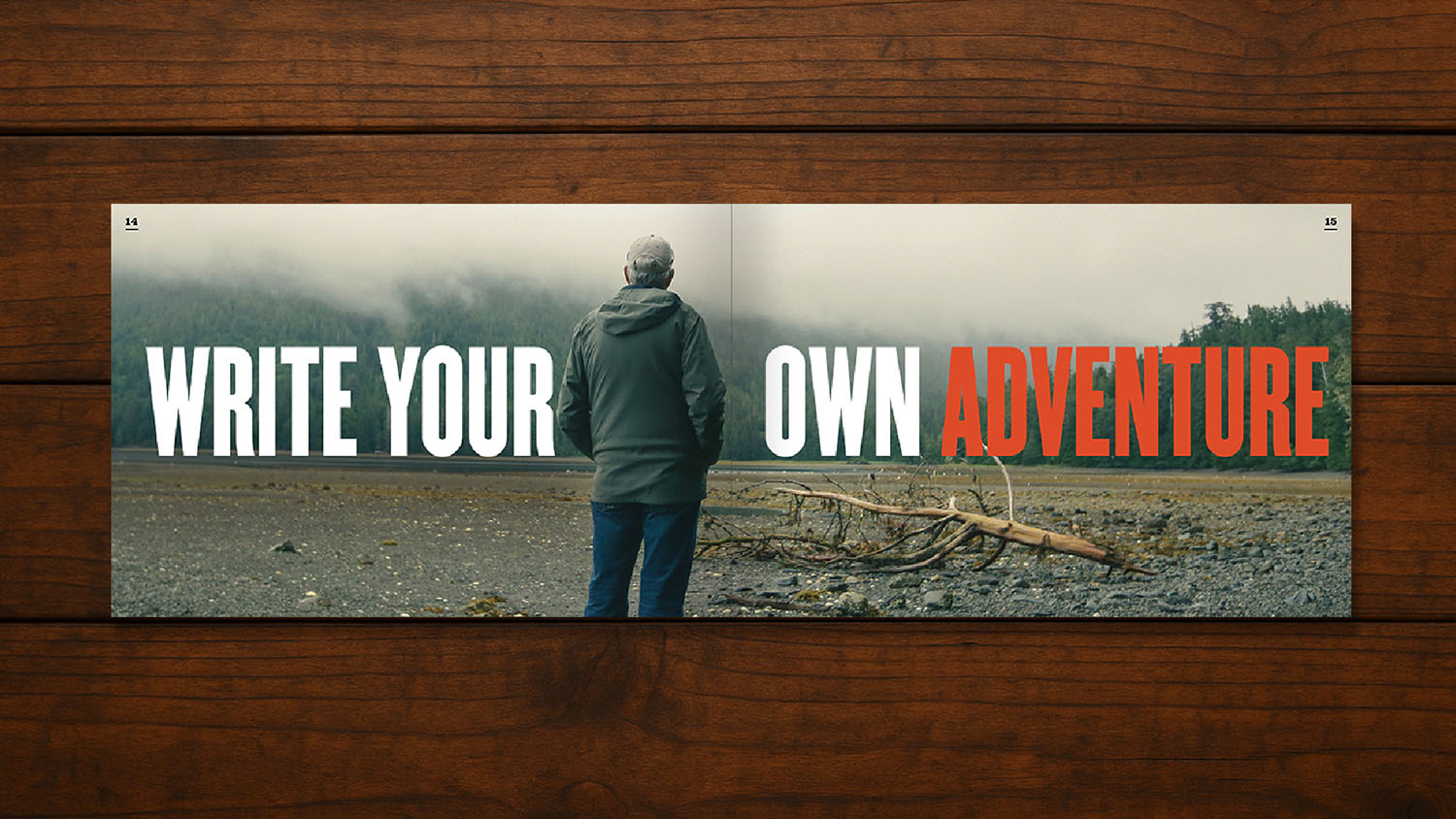 WTADS client Waterfall Resort Alaska interior spread of brochure man lookinginto wilderness.