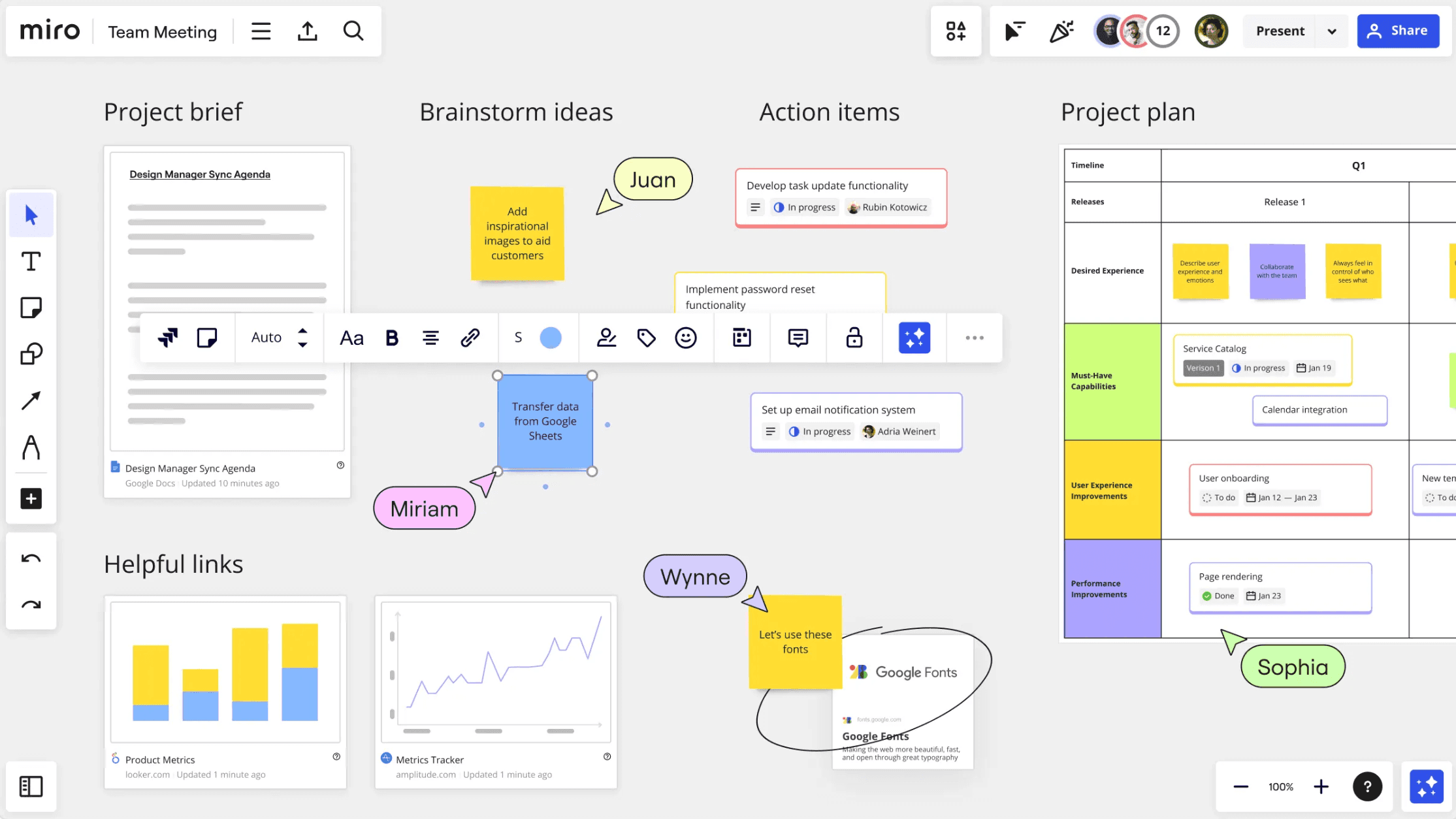 Miro collaborative whiteboard interface showing a team brainstorming session with sticky notes, action items, and project planning sections.