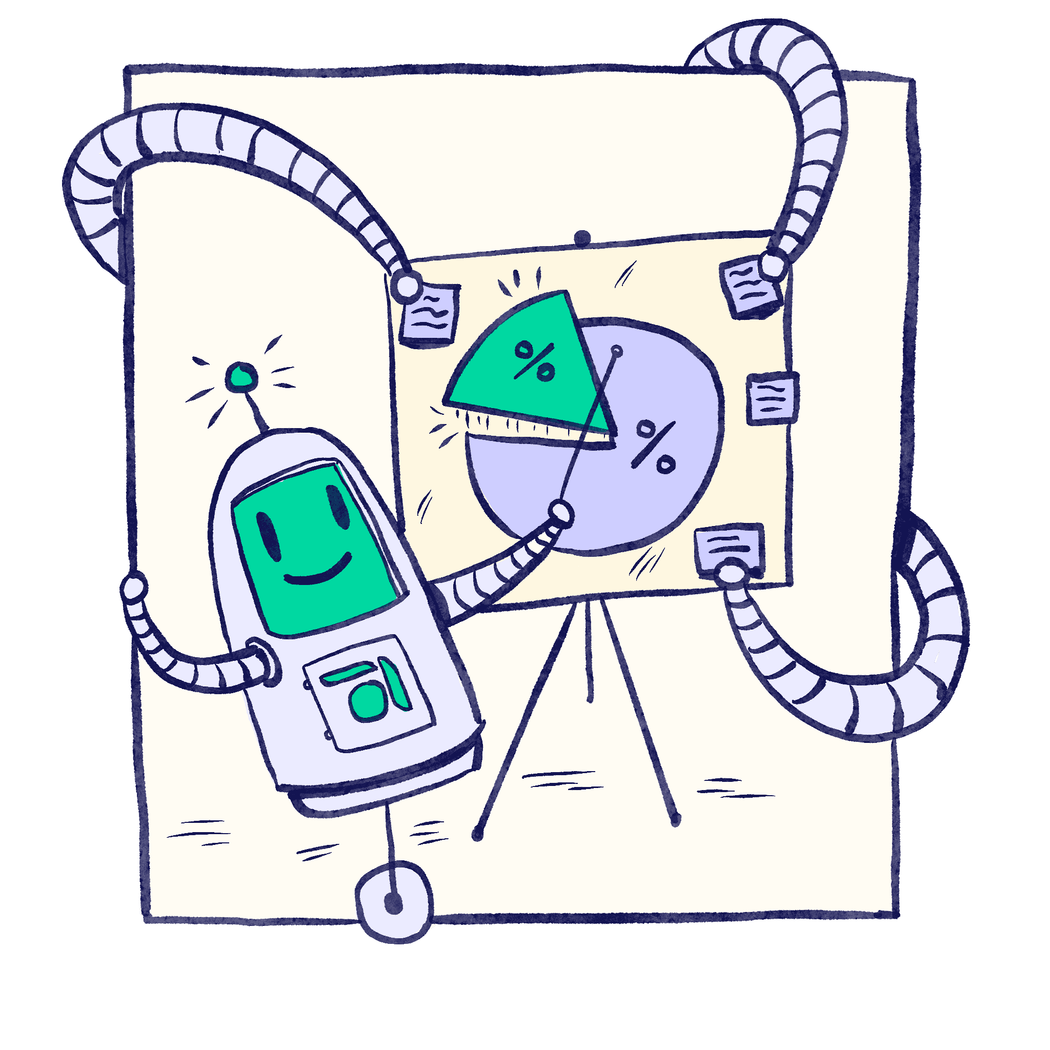 Illustration of a friendly robot pointing to a pie chart with percentage symbols on an easel, surrounded by looping cables and data cards.