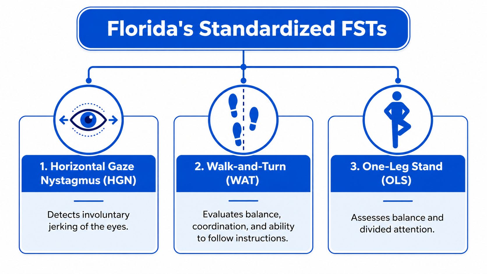 A diagram outlining the three standardized field sobriety tests used in Florida for evaluating driver impairment.